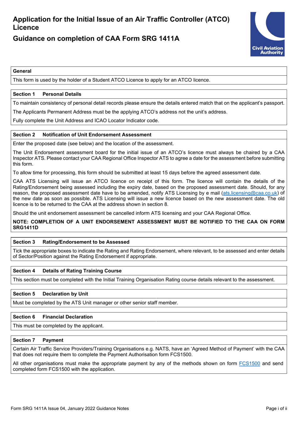 Form SRG1411A Application for the Initial Issue of an Air Traffic Controller (Atco) Licence (Regulation UK (Eu) 2015 / 340) - United Kingdom, Page 4