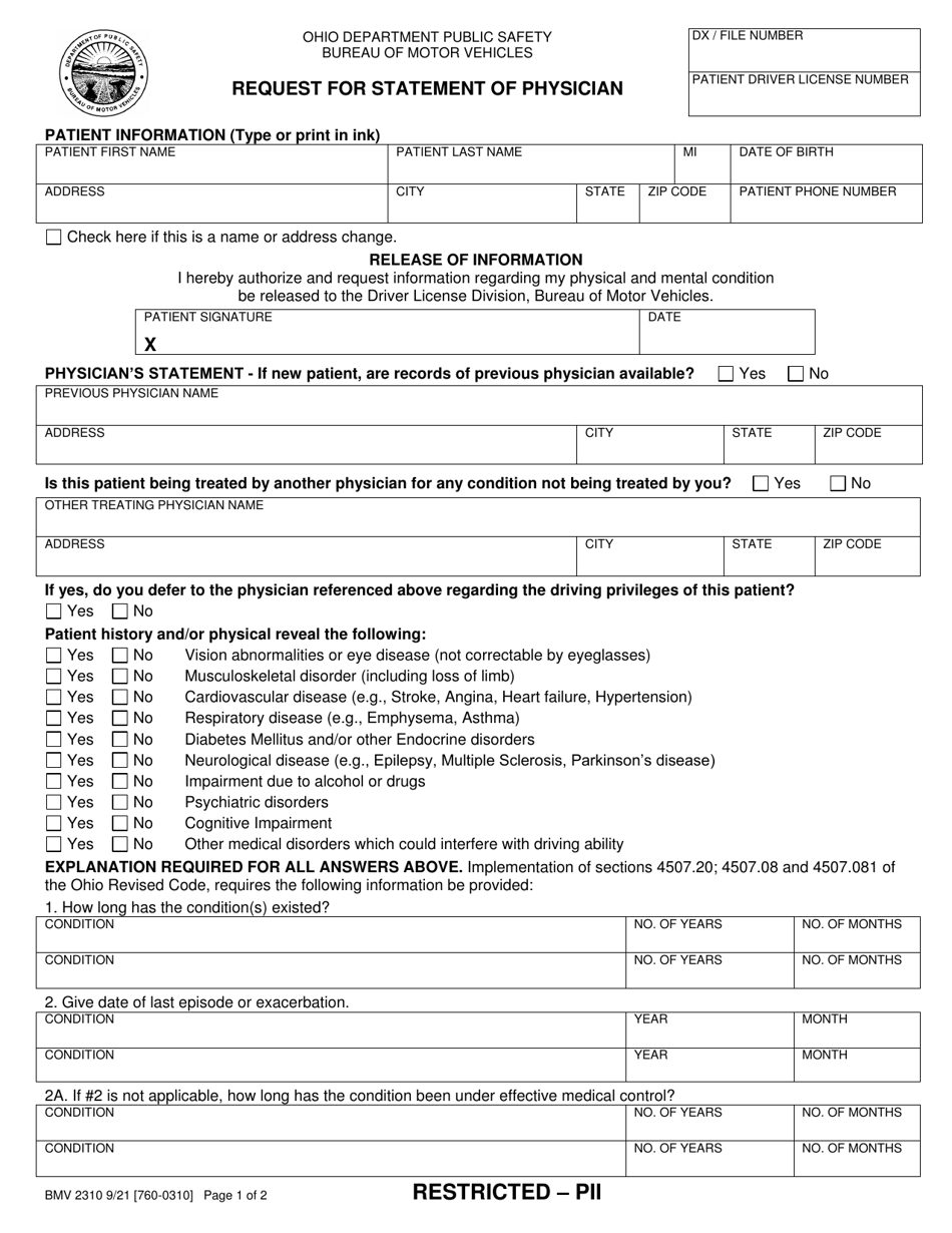 Form BMV2310 Request for Statement of Physician - Ohio, Page 1