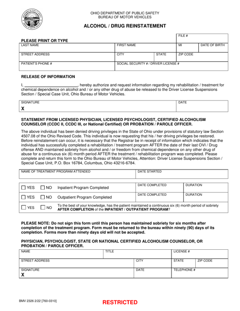 Form BMV2326 Alcohol/Drug Reinstatement - Ohio
