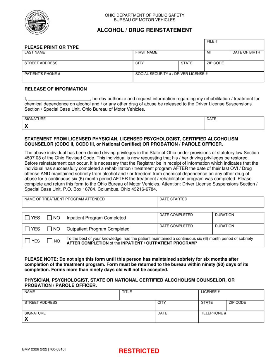 Form BMV2326 Alcohol / Drug Reinstatement - Ohio, Page 1