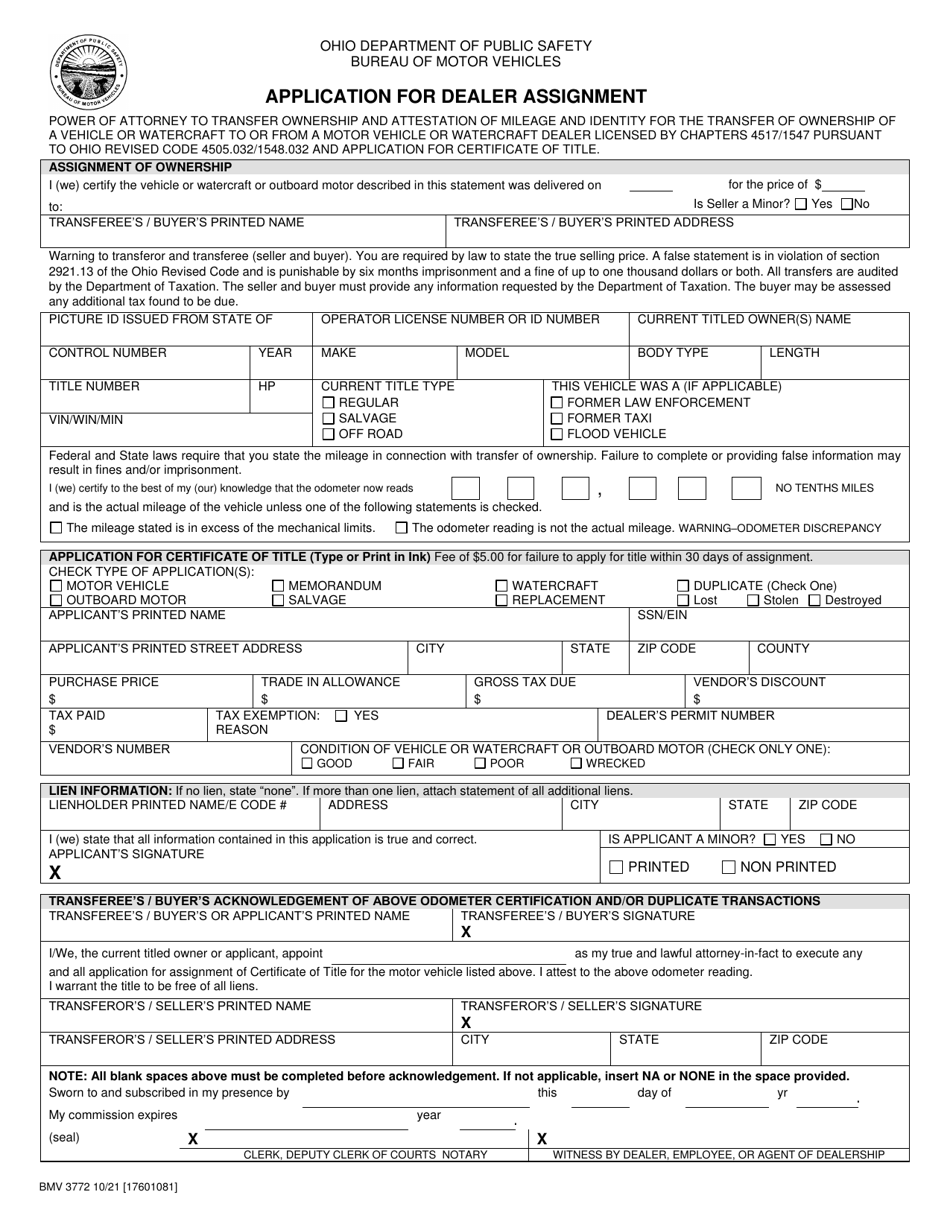 Form BMV3772 Application for Dealer Assignment - Ohio, Page 1
