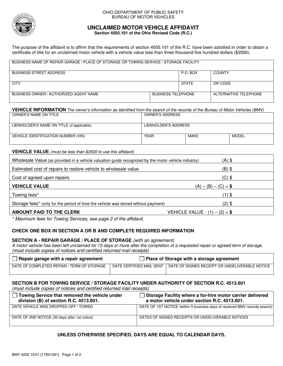 Form BMV4202 Unclaimed Motor Vehicle Affidavit - Ohio, Page 1