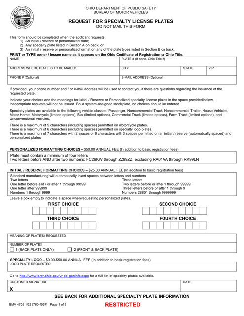 Form BMV4705 Request for Specialty License Plates - Ohio