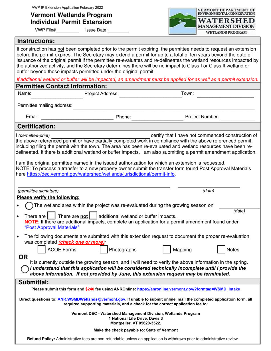 Individual Permit Extension Application - Vermont Wetlands Program - Vermont, Page 1