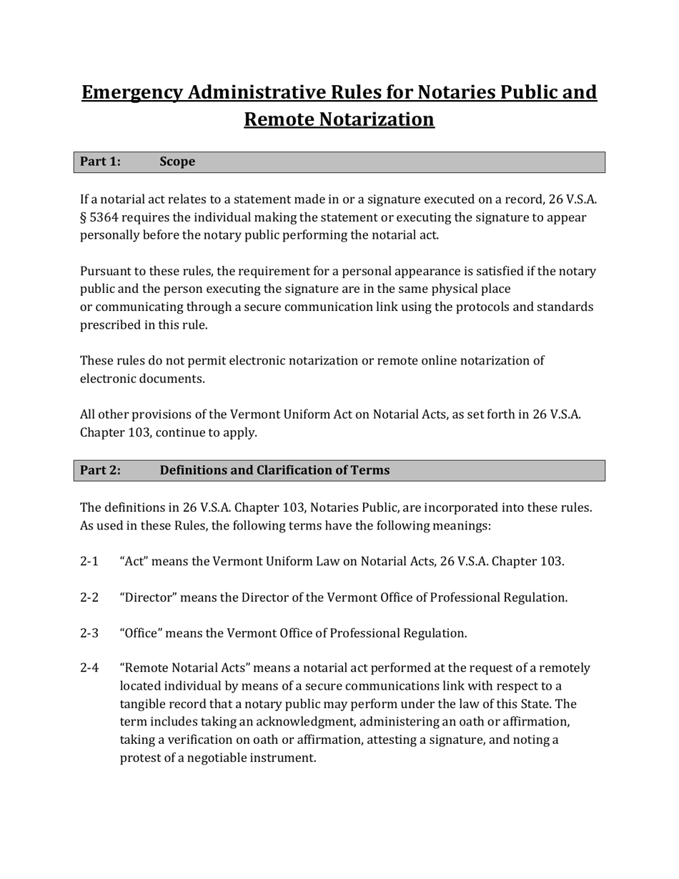 Emergency Administrative Rules for Notaries Public and Remote Notarization - Vermont, Page 1