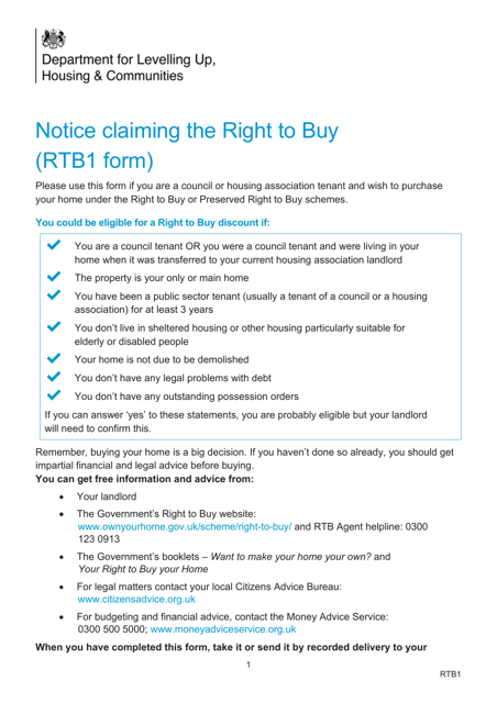 Form RTB1 Notice Claiming the Right to Buy - United Kingdom