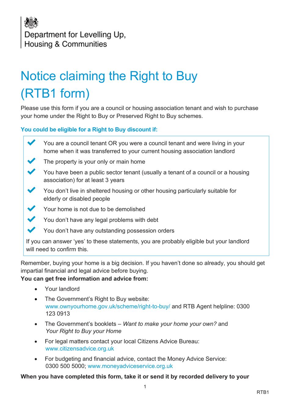 Form RTB1 Notice Claiming the Right to Buy - United Kingdom, Page 1