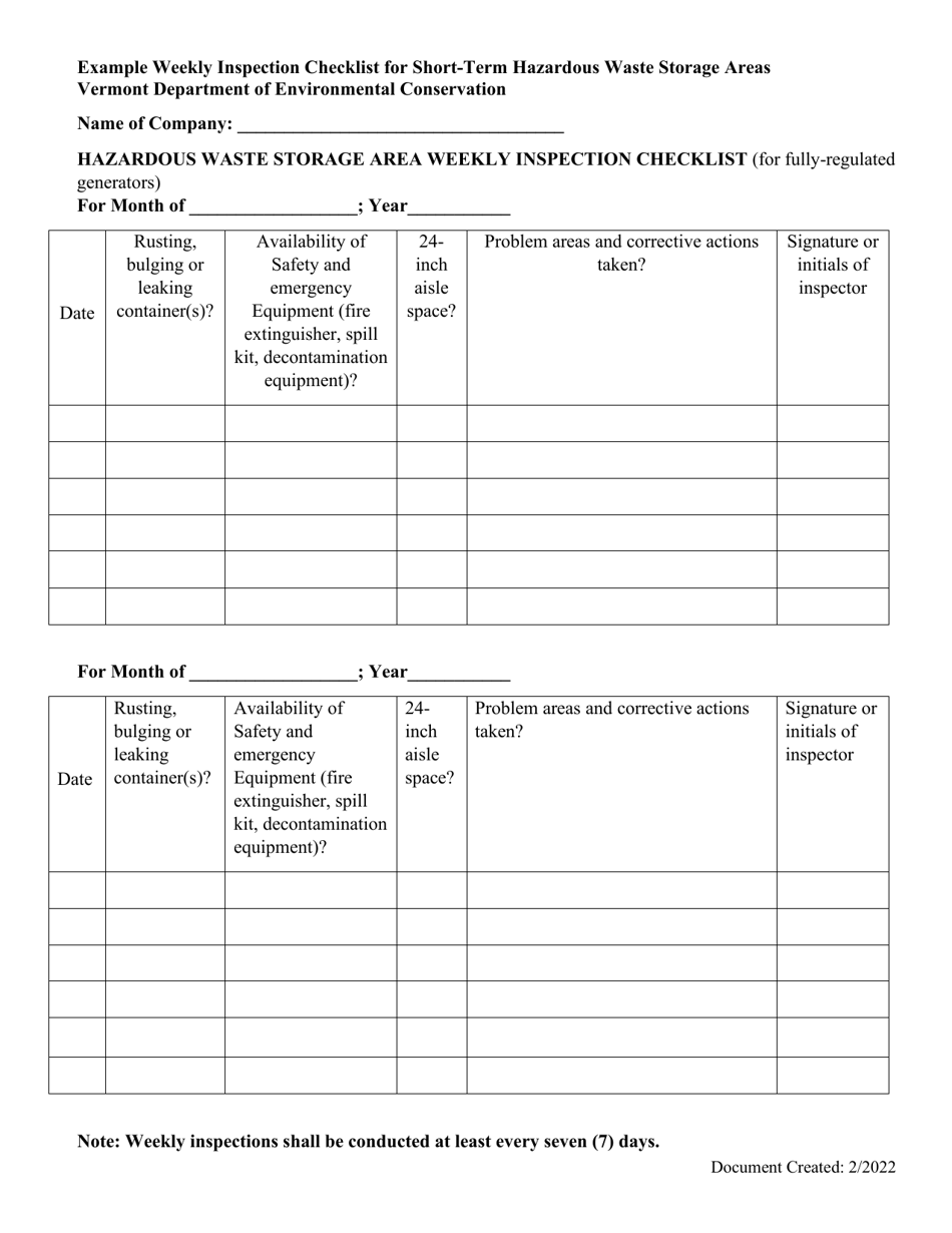 Vermont Example Weekly Inspection Checklist for ShortTerm Hazardous