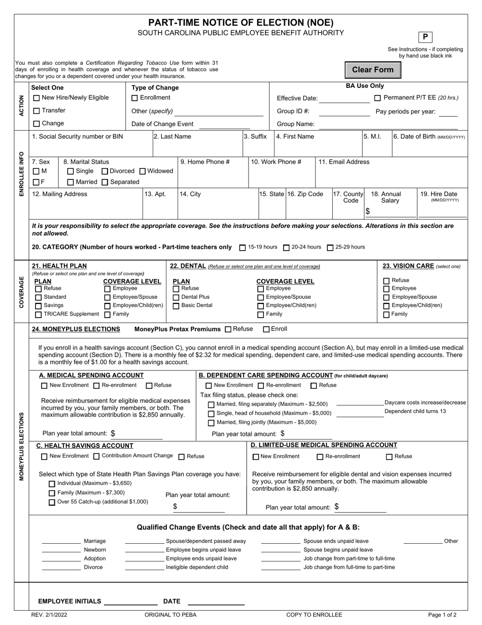 Part-Time Notice of Election (Noe) - South Carolina, Page 1