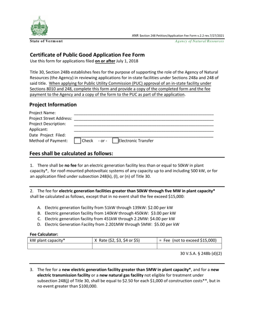 Certificate of Public Good Application Fee Form - Vermont Download Pdf