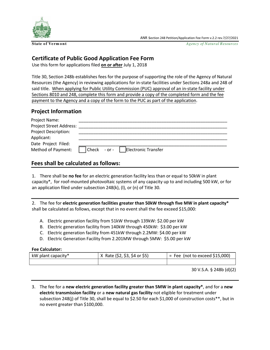 Certificate of Public Good Application Fee Form - Vermont, Page 1