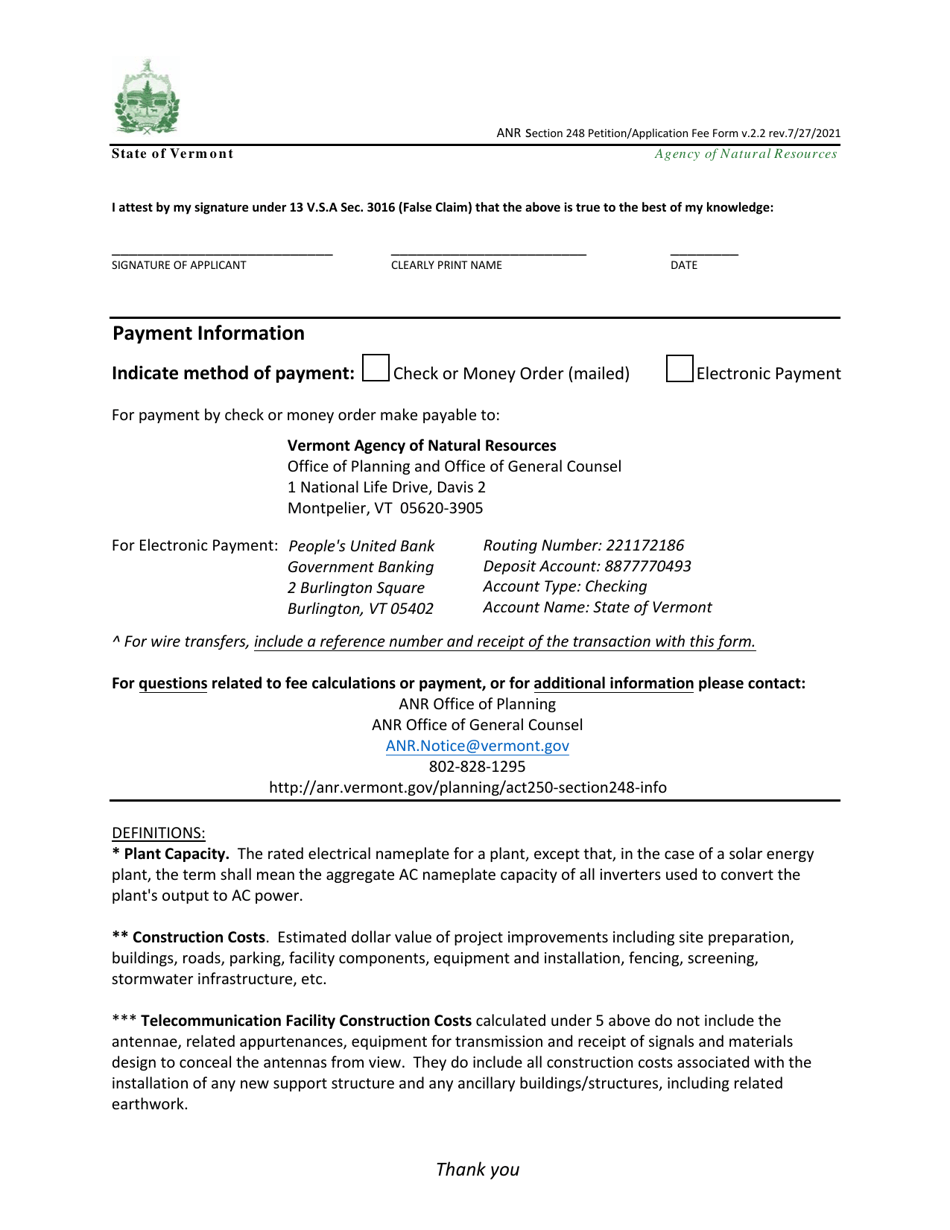 Vermont Certificate of Public Good Application Fee Form Fill Out