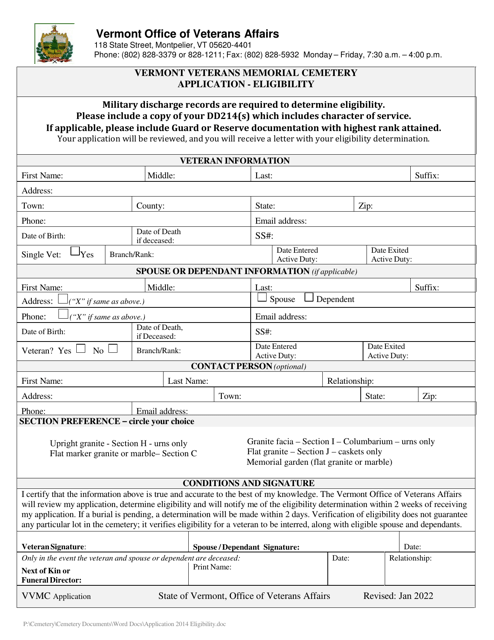 Vermont Veterans Memorial Cemetery Application - Eligibility - Vermont Download Pdf