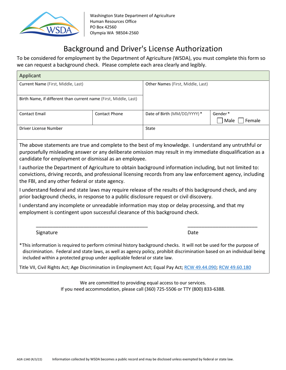 Form AGR-1340 Background and Drivers License Authorization - Washington, Page 1