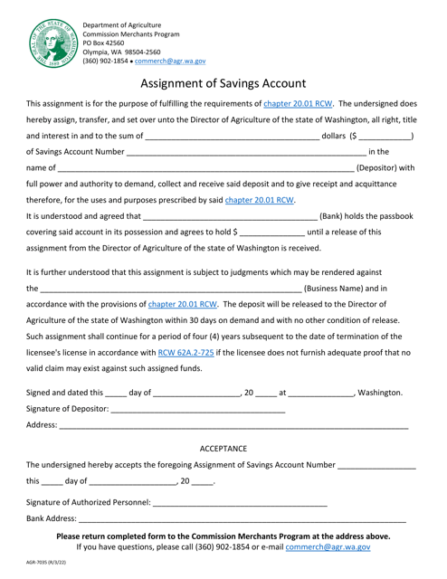 Form AGR-7035 Assignment of Savings Account - Washington