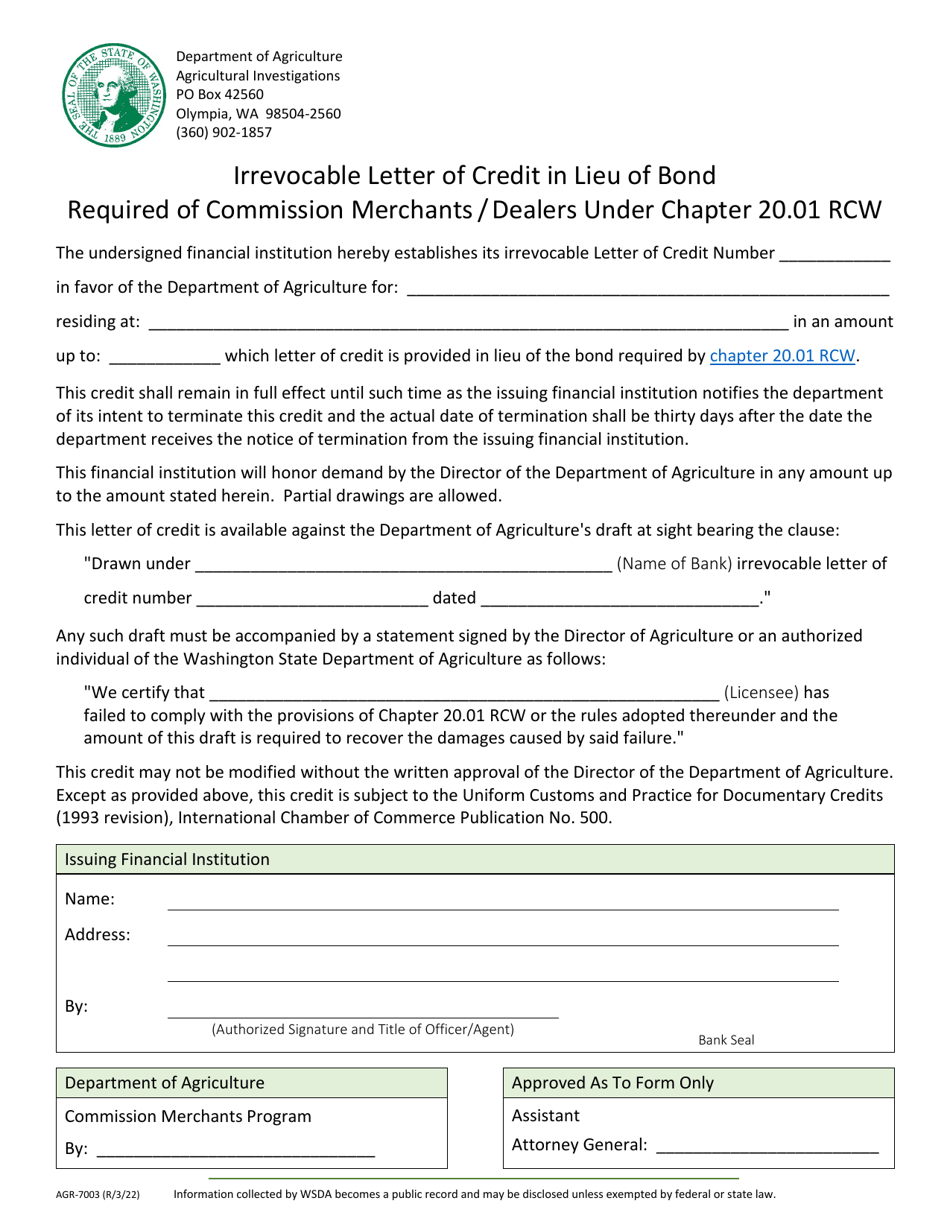 Form AGR-7003 Irrevocable Letter of Credit in Lieu of Bond Required of Commission Merchants / Dealers Under Chapter 20.01 Rcw - Washington, Page 1