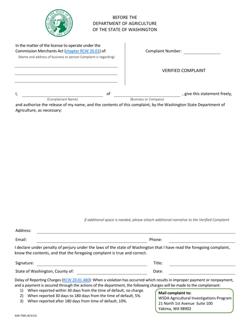 Form AGR-7085 Commission Merchant Verified Complaint - Washington