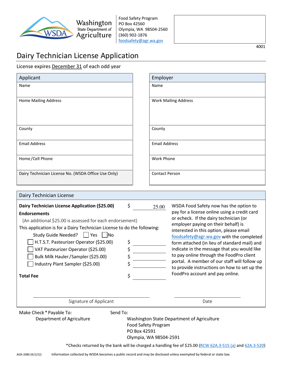 Form AGR-2080 Dairy Technician License Application - Washington, Page 1