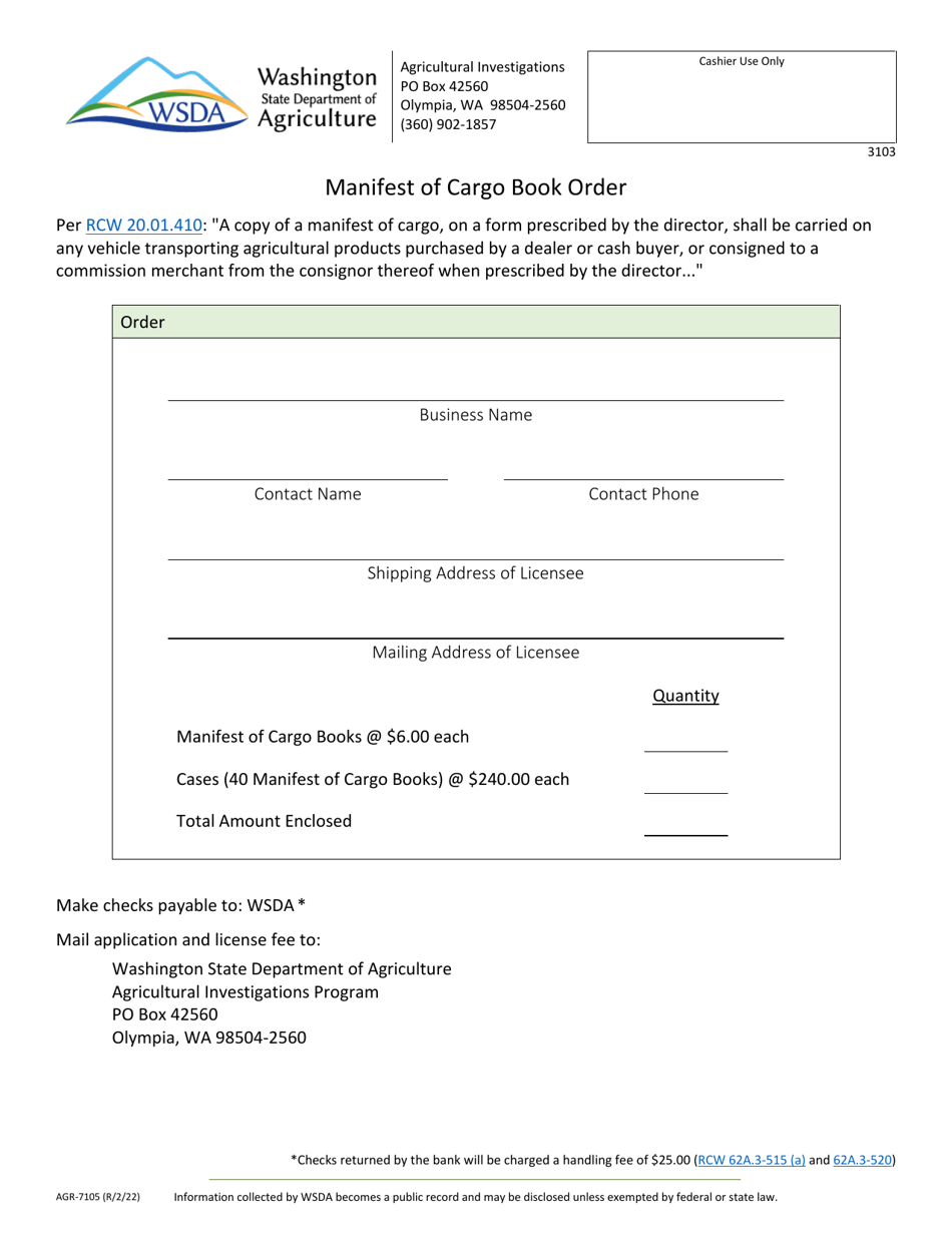 Form AGR-7105 Manifest of Cargo Book Order - Washington, Page 1