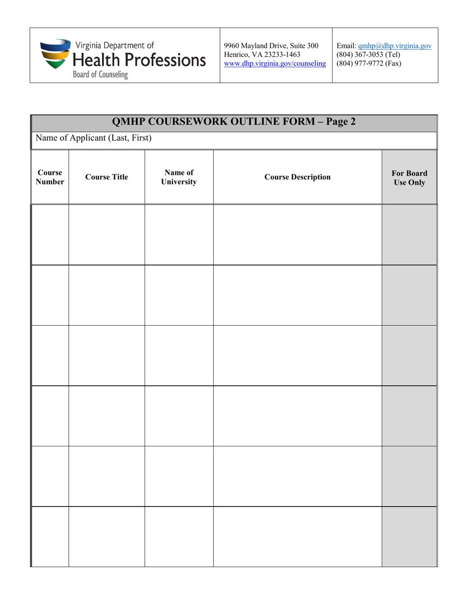 Qmhp Coursework Outline Form - Virginia, Page 2