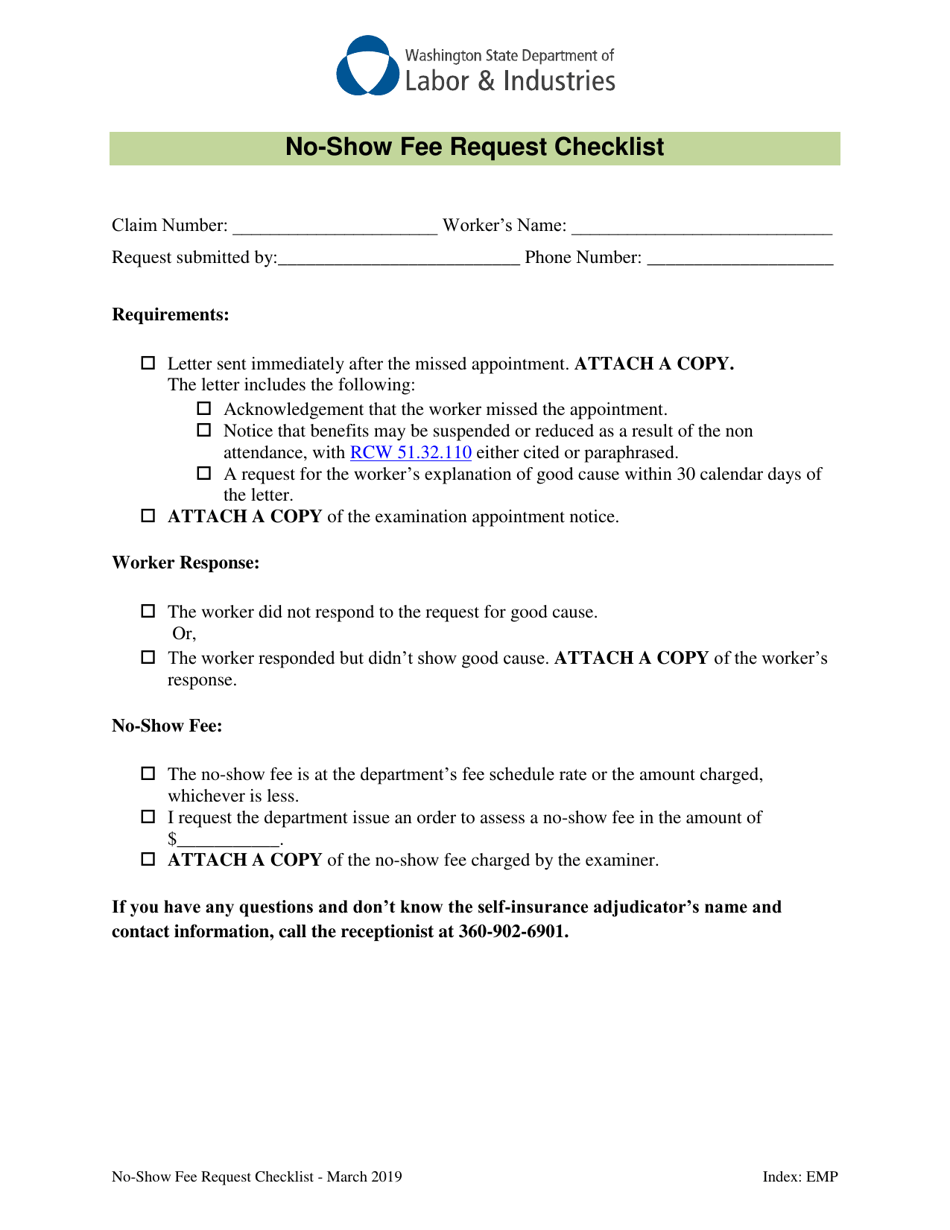 No-Show Fee Request Checklist - Washington, Page 1