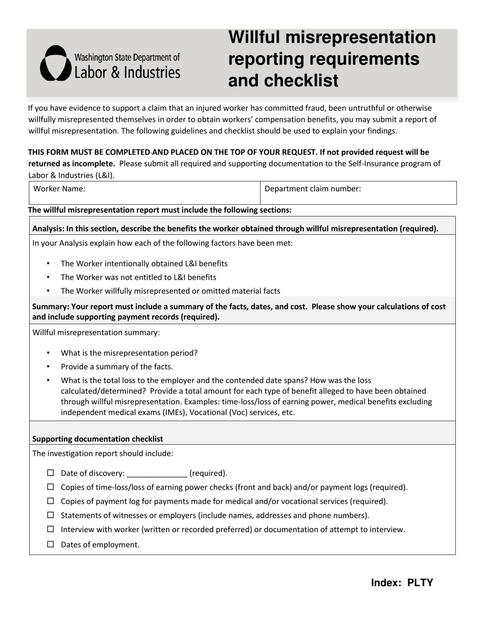 Willful Misrepresentation Reporting Requirements and Checklist - Washington, Page 1