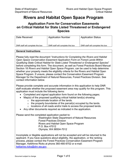 Application Form for Conservation Easements on Critical Habitat for State Listed Threatened or Endangered Species - Rivers and Habitat Open Space Program - Washington Download Pdf