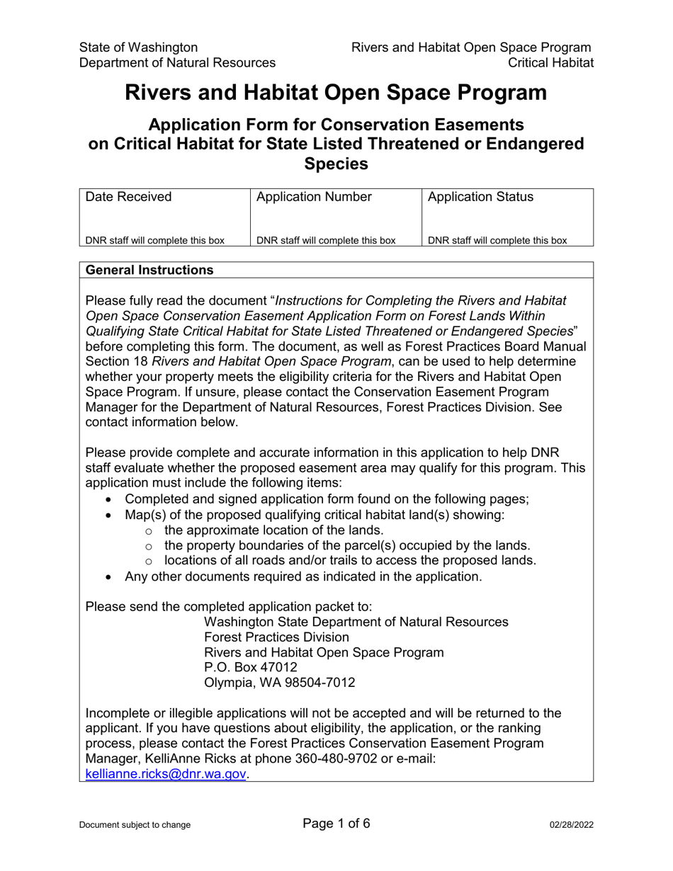 Application Form for Conservation Easements on Critical Habitat for State Listed Threatened or Endangered Species - Rivers and Habitat Open Space Program - Washington, Page 1