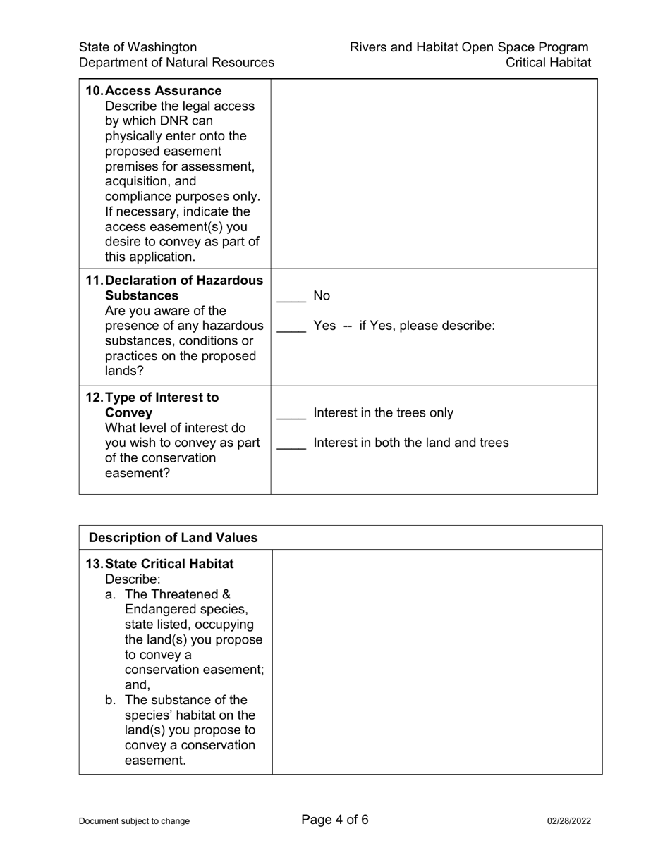 Application Form for Conservation Easements on Critical Habitat for State Listed Threatened or Endangered Species - Rivers and Habitat Open Space Program - Washington, Page 4