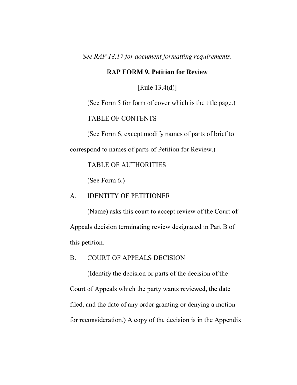 RAP Form 9 Petition for Review - Washington, Page 1