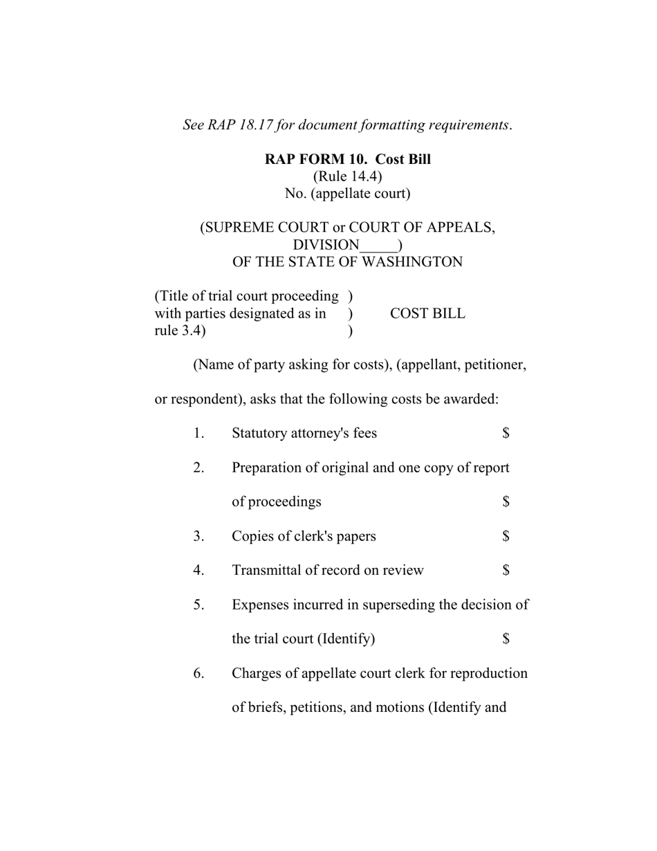 RAP Form 10 Cost Bill - Washington, Page 1
