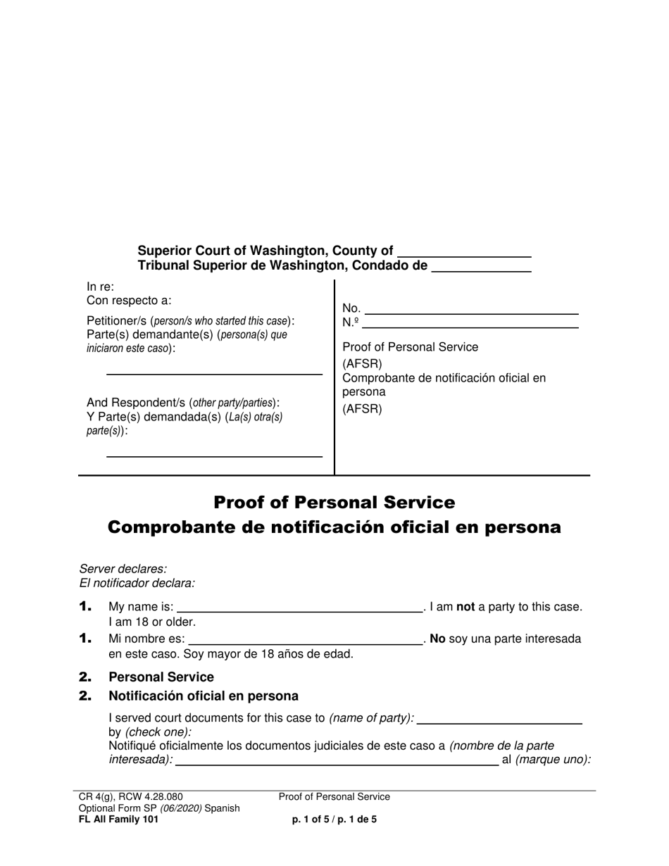 Form FL All Family101 Proof of Personal Service - Washington (English / Spanish), Page 1