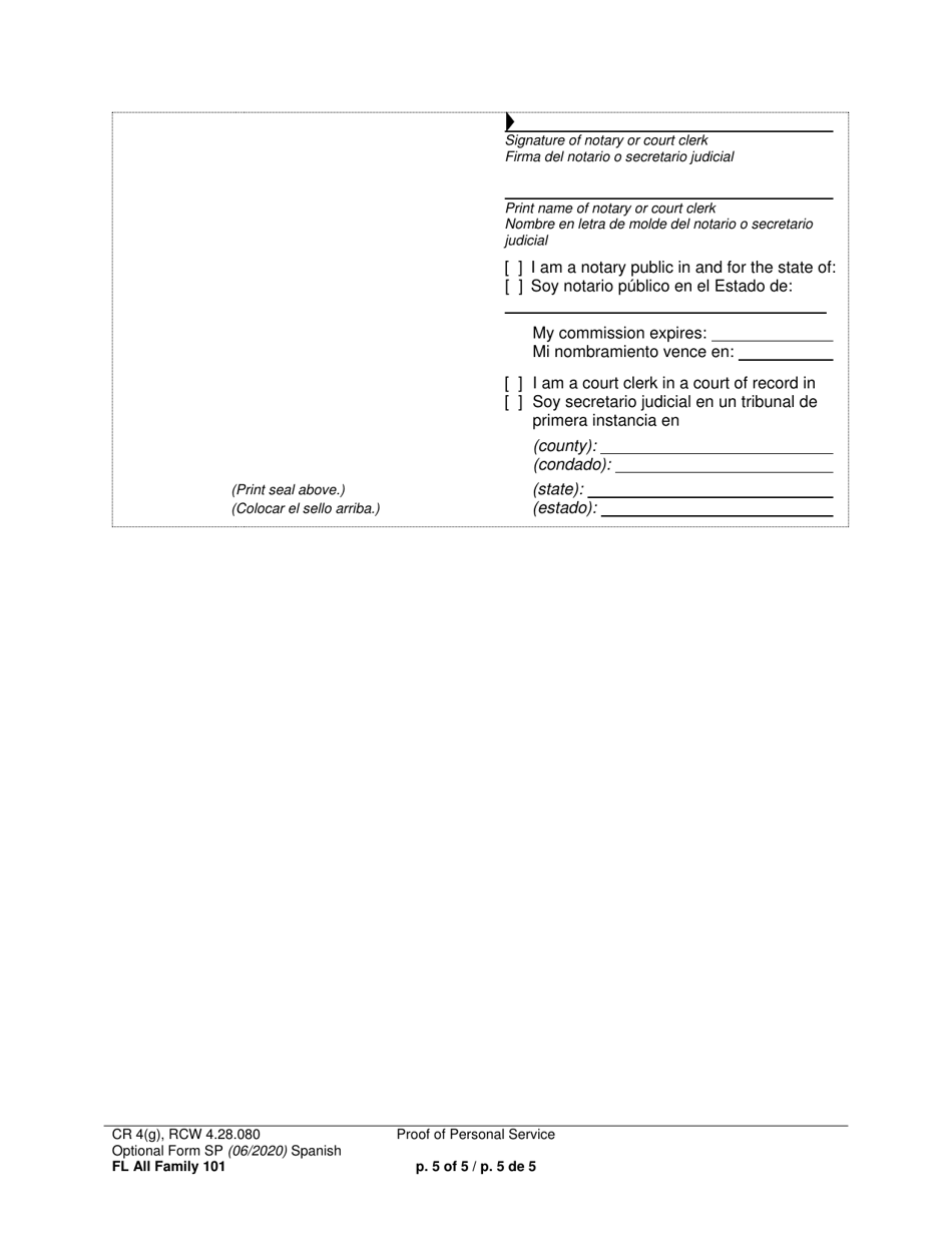 Form FL All Family101 Proof of Personal Service - Washington (English / Spanish), Page 5