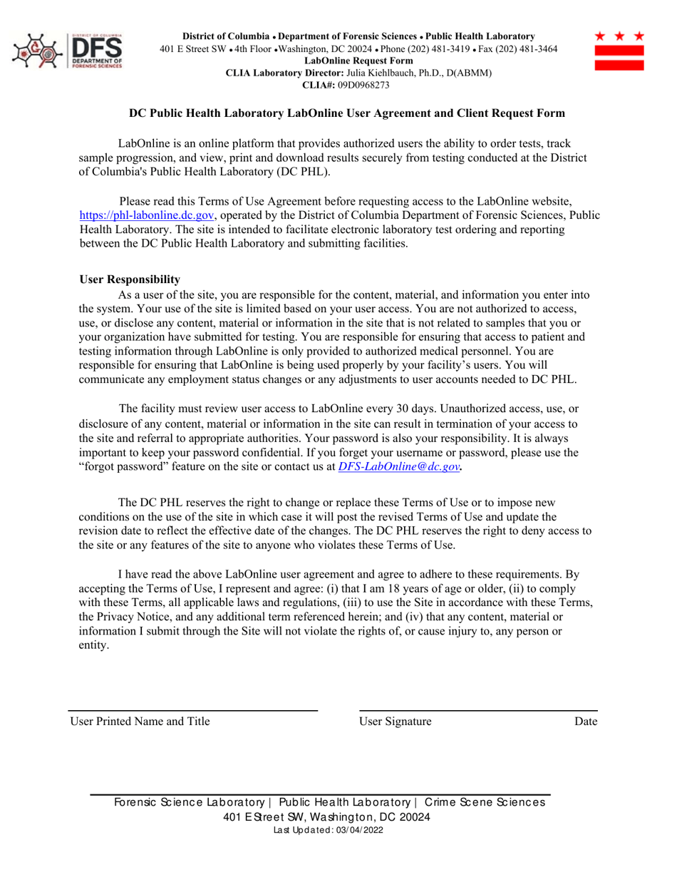Dc Public Health Laboratory Labonline User Agreement and Client Request Form - Washington, D.C., Page 1