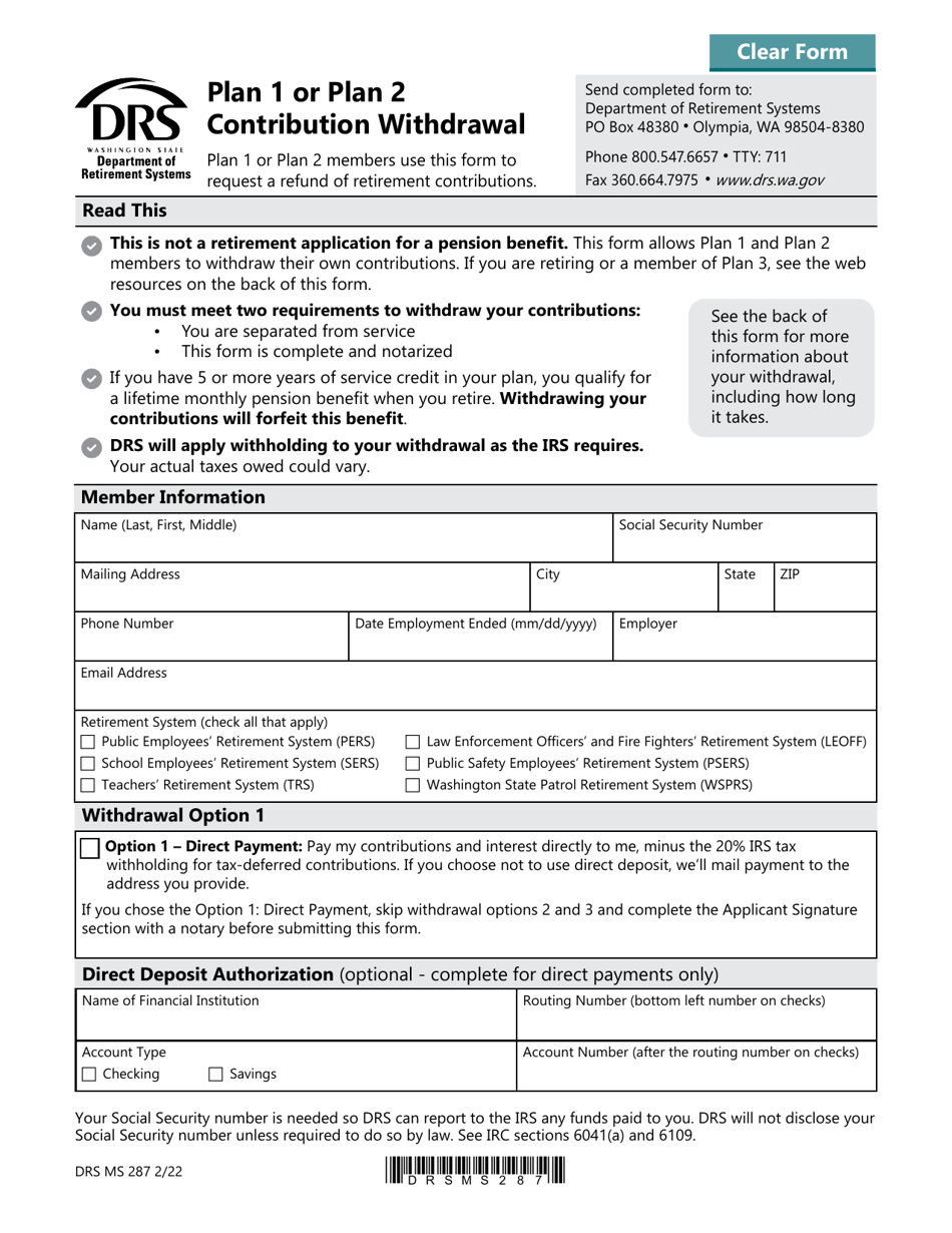 Form DRS MS287 Plan 1 or Plan 2 Contribution Withdrawal - Washington, Page 1