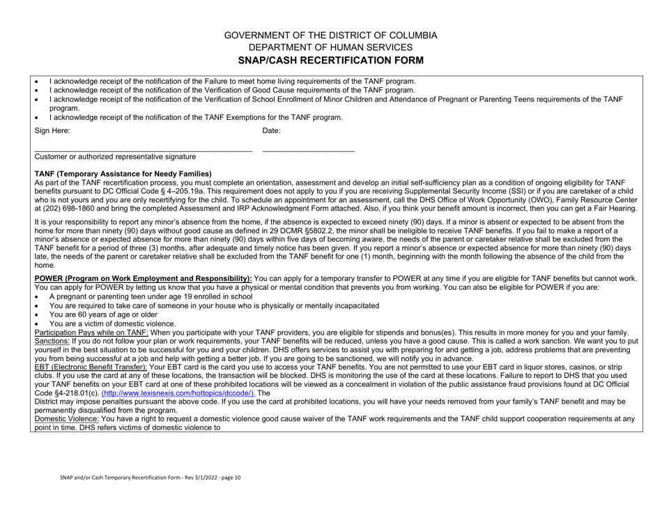 Snap / Cash Recertification Form - Washington, D.C., Page 10
