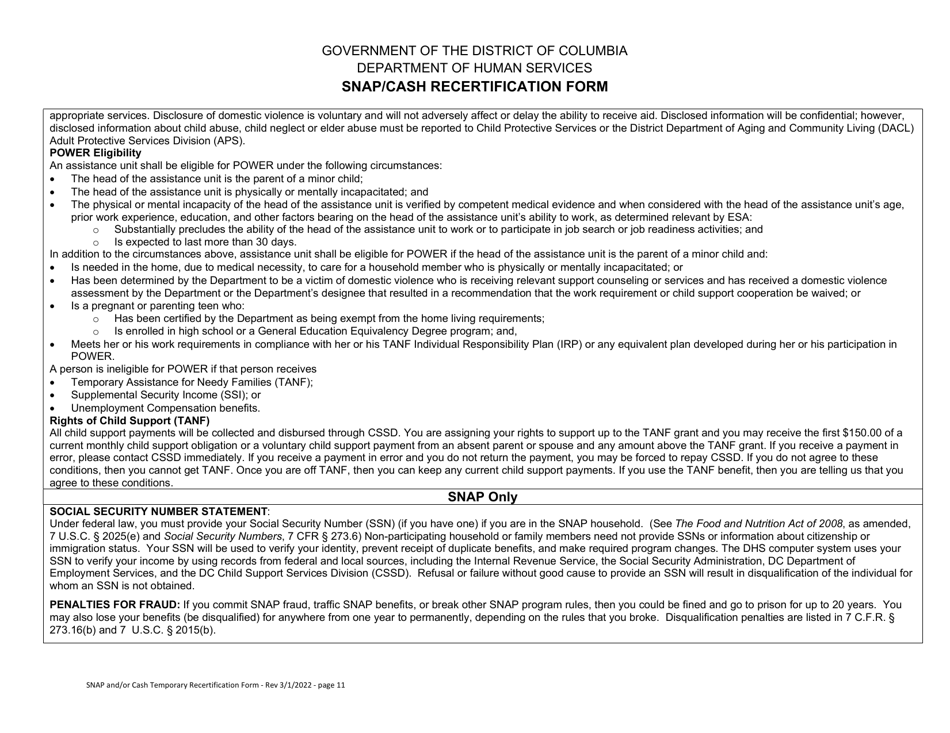 Snap / Cash Recertification Form - Washington, D.C., Page 11