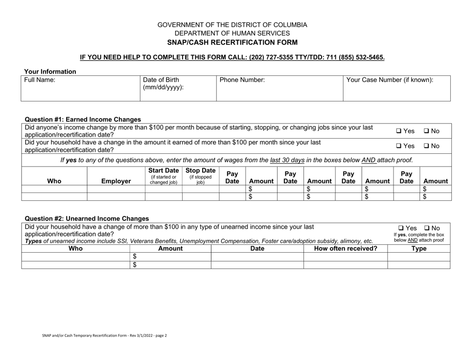 Snap / Cash Recertification Form - Washington, D.C., Page 2