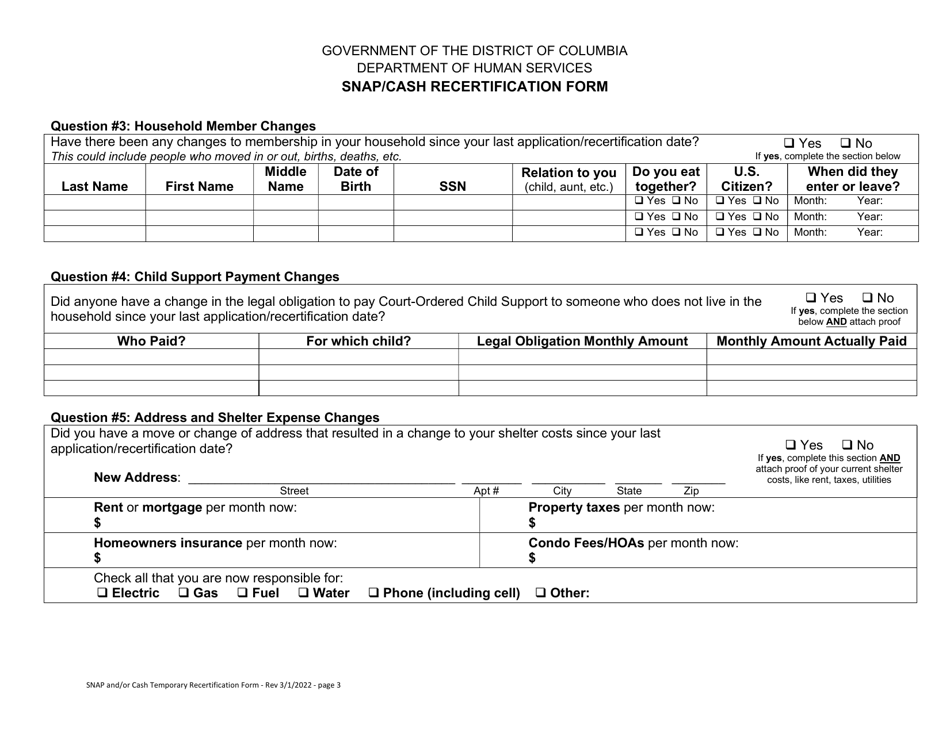Snap / Cash Recertification Form - Washington, D.C., Page 3