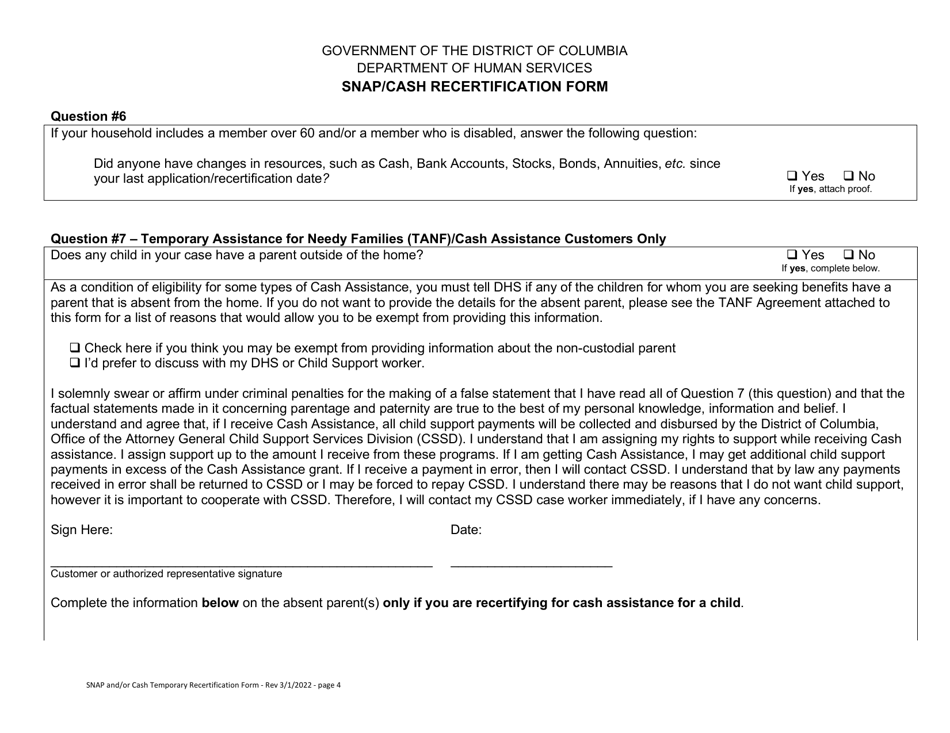 Snap / Cash Recertification Form - Washington, D.C., Page 4
