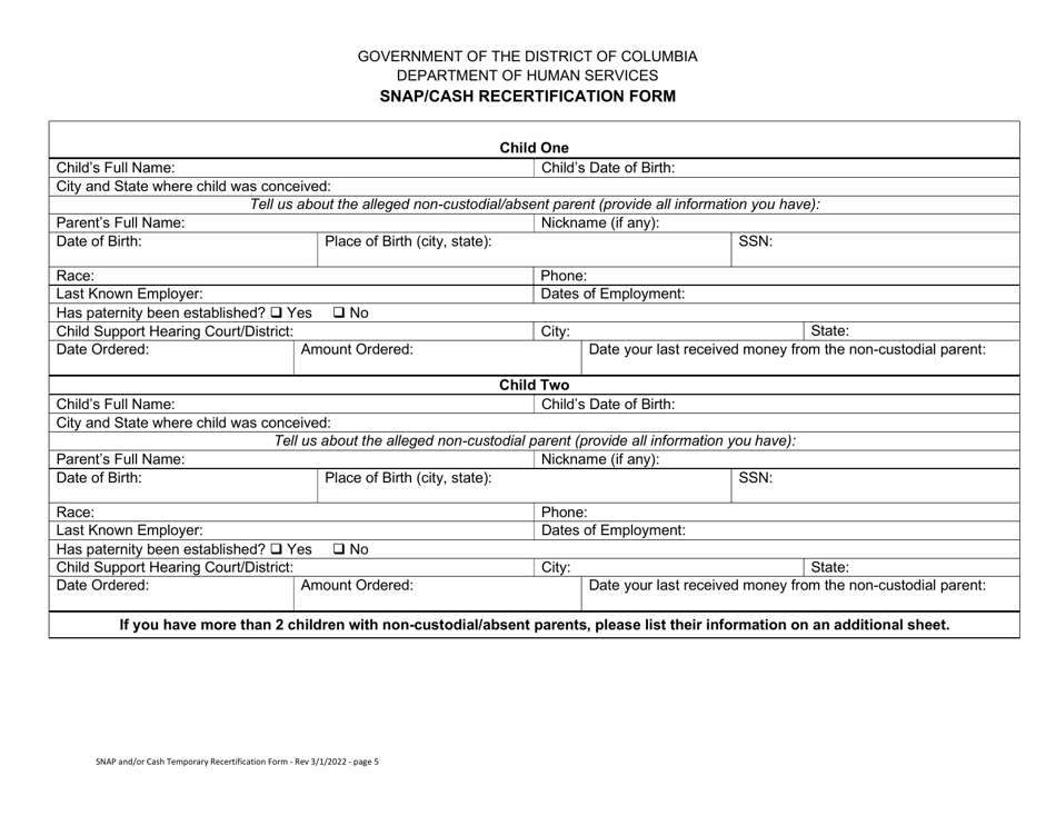 Snap / Cash Recertification Form - Washington, D.C., Page 5