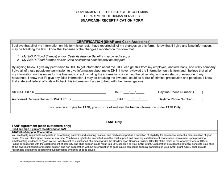 Snap / Cash Recertification Form - Washington, D.C., Page 6