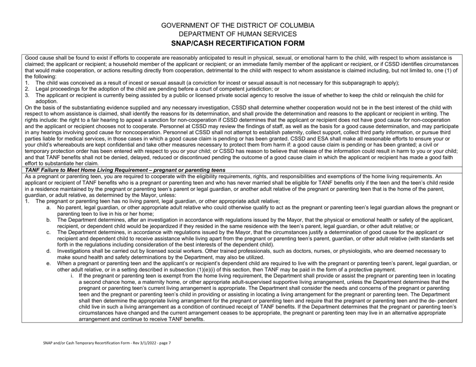 Snap / Cash Recertification Form - Washington, D.C., Page 7