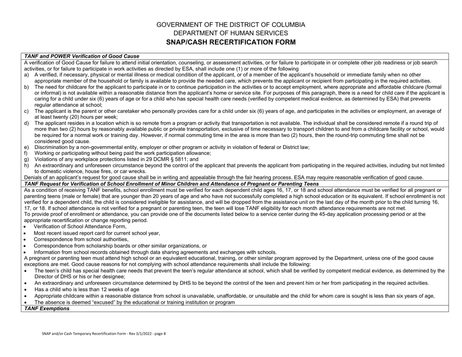 Snap / Cash Recertification Form - Washington, D.C., Page 8