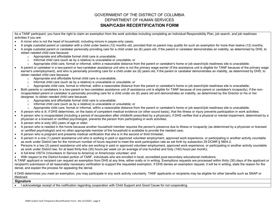 Snap / Cash Recertification Form - Washington, D.C., Page 9