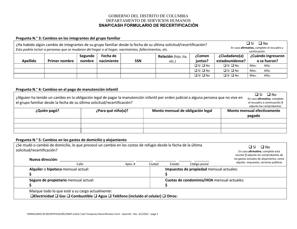 Snap / Cash Formulario De Recertificacion - Washington, D.C. (Spanish), Page 3