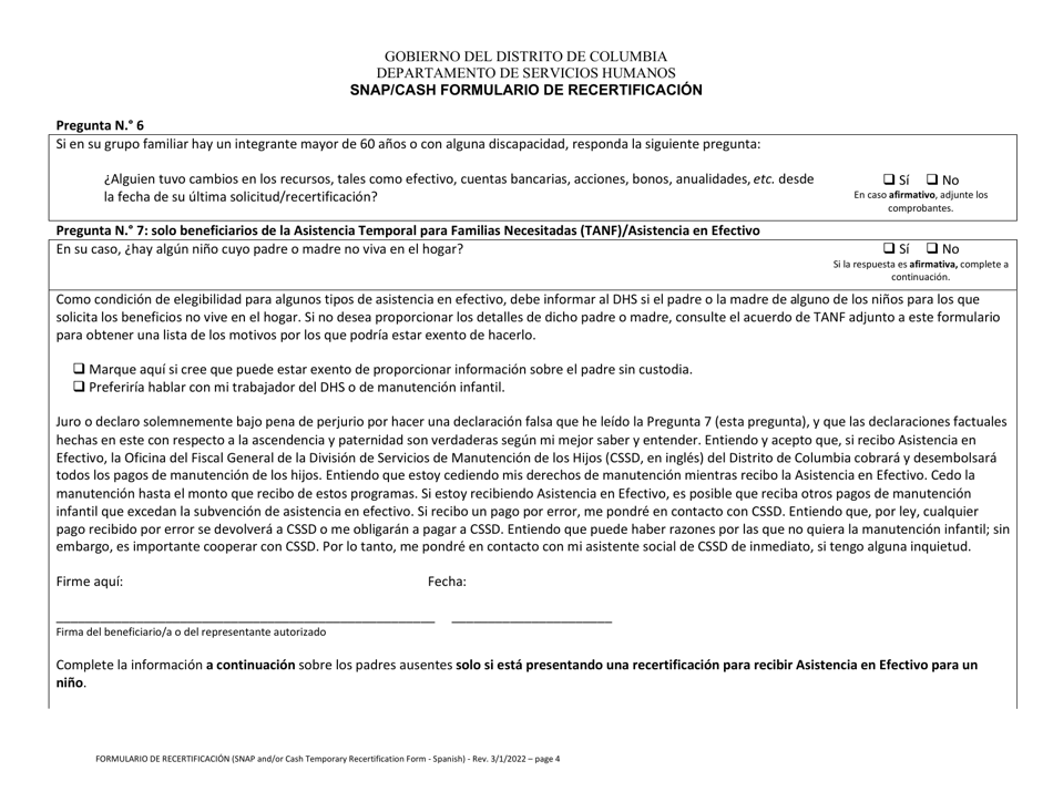 Snap / Cash Formulario De Recertificacion - Washington, D.C. (Spanish), Page 4