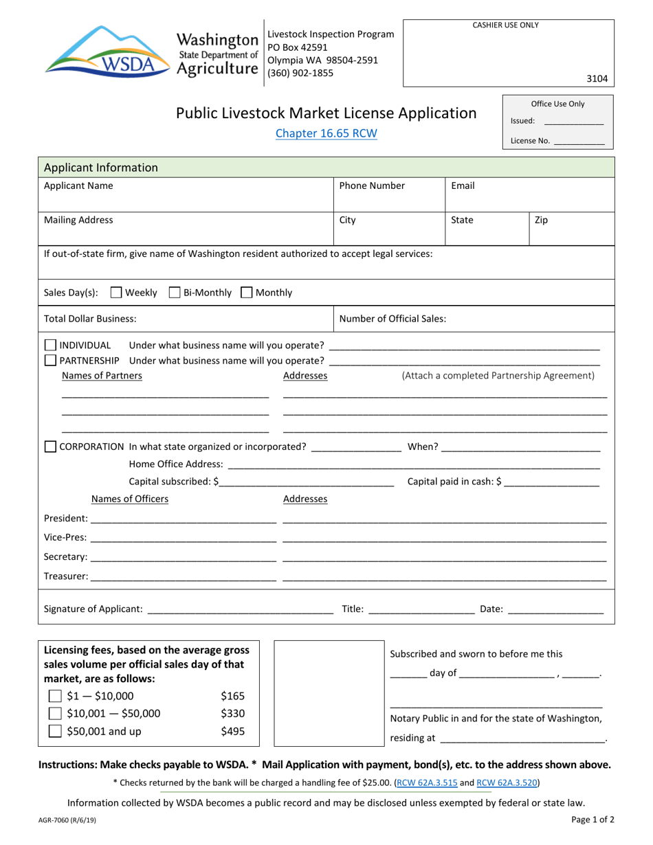 Form AGR-7060 Public Livestock Market License Application - Washington, Page 1