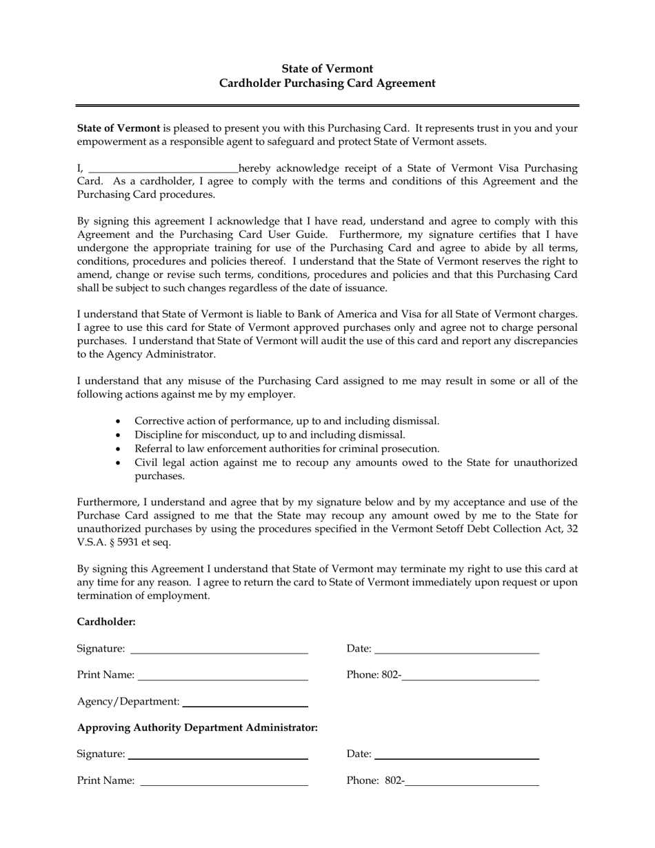 Cardholder Purchasing Card Agreement - Vermont, Page 1