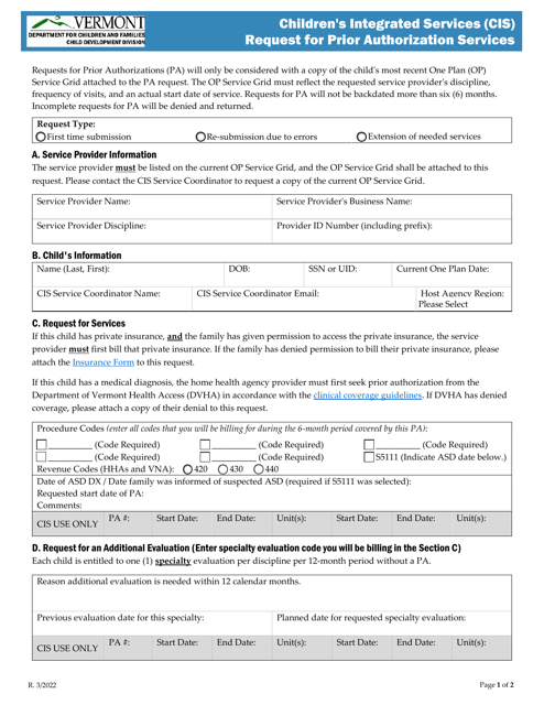 Request for Prior Authorization Services - Children's Integrated Services (Cis) - Vermont Download Pdf